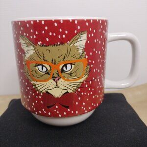 Let’s Dine Stoneware Brown Cat Wearing Orange Glasses Red Bow Tie Coffee Tea Mug